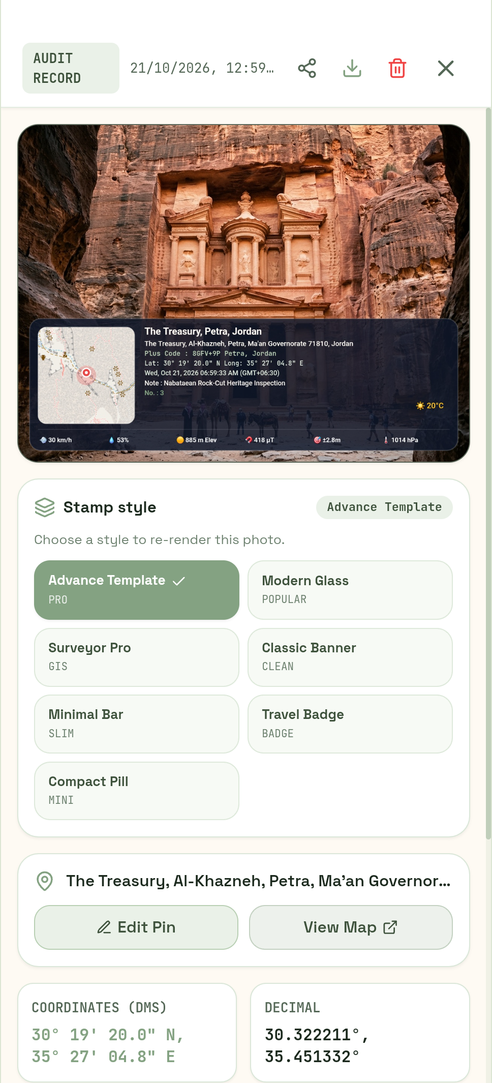 GPS - Geo Tagging Map Camera audit record with stamped photo, styles and coordinates