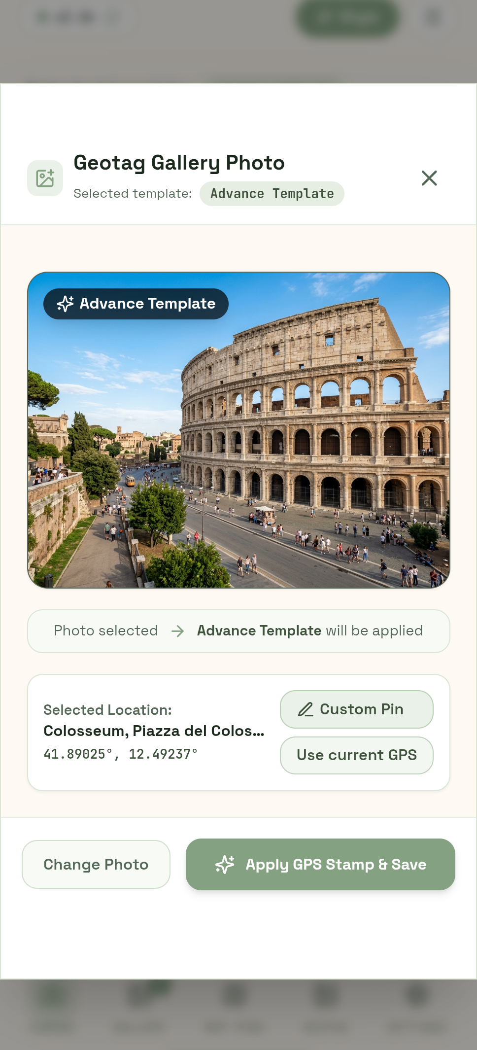 GPS - Geo Tagging Map Camera gallery photo geotagging screen with custom pin coordinates