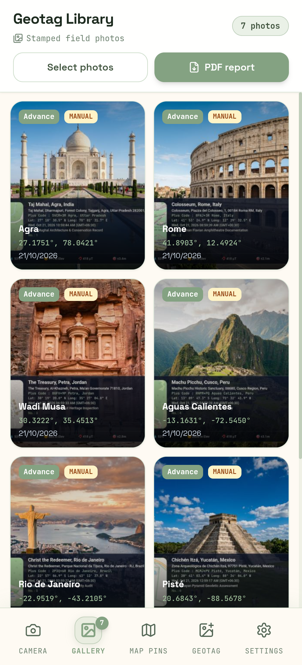 GPS - Geo Tagging Map Camera geotag library showing organized photo cards and PDF export options