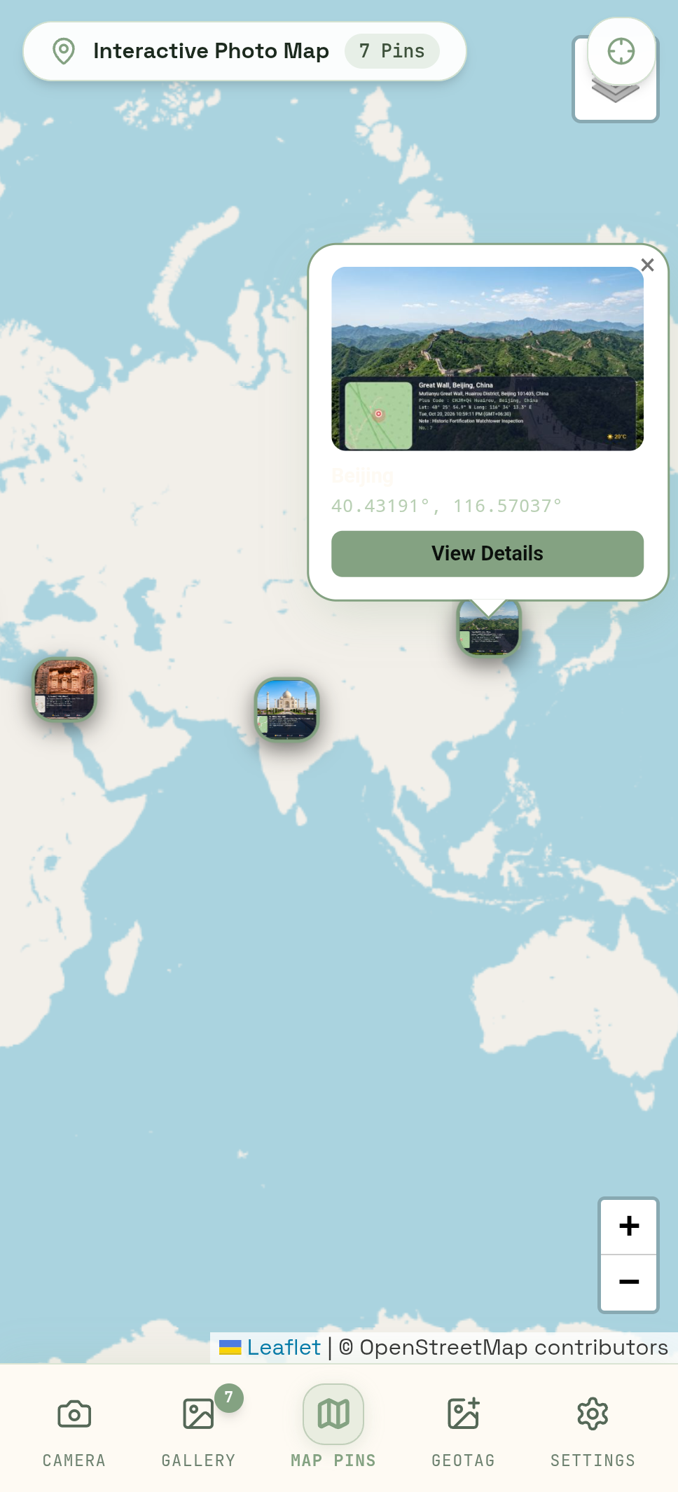 GPS - Geo Tagging Map Camera interactive photo map with worldwide GPS pins and photo cards