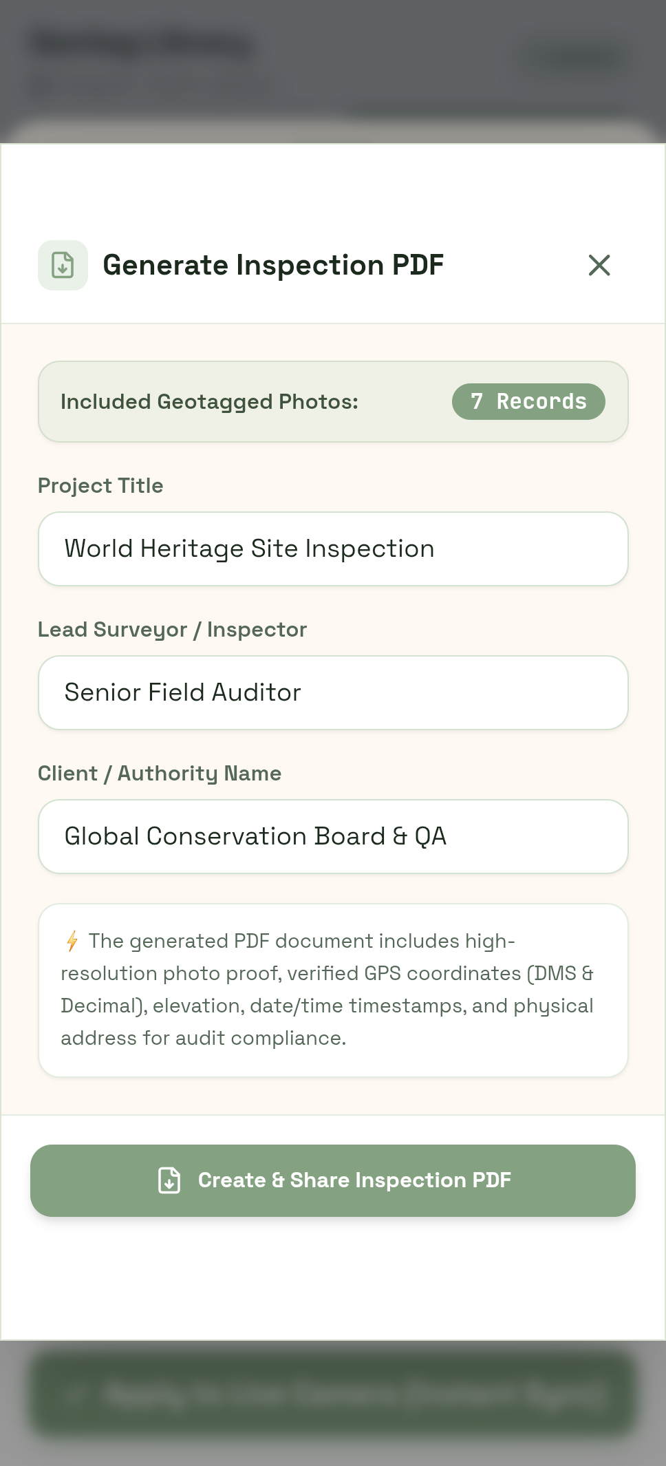 GPS - Geo Tagging Map Camera formal PDF site inspection report generator with project metadata