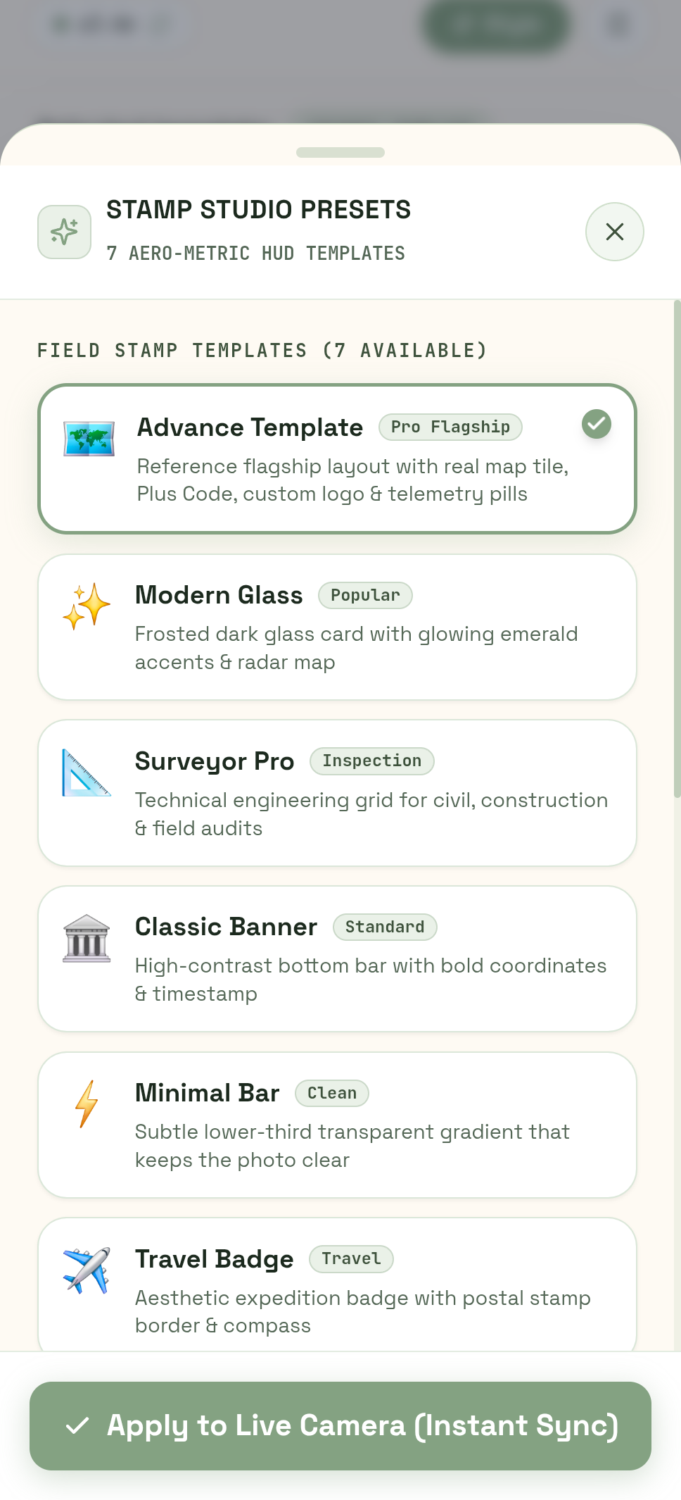 GPS - Geo Tagging Map Camera stamp studio presets showing 7 designer HUD templates